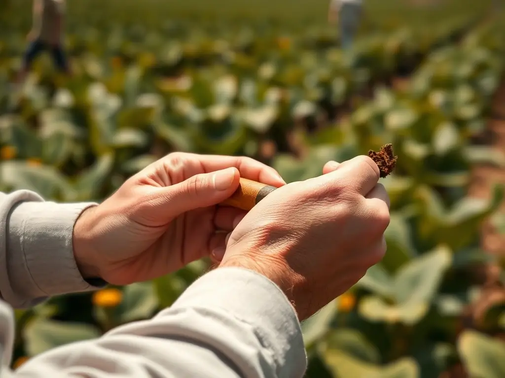 A person's hands carefully rolling a cigarette with natural tobacco, showcasing the ease of use and the rich color of the tobacco. The background is a blurred view of a tobacco field under the Spanish sun.
