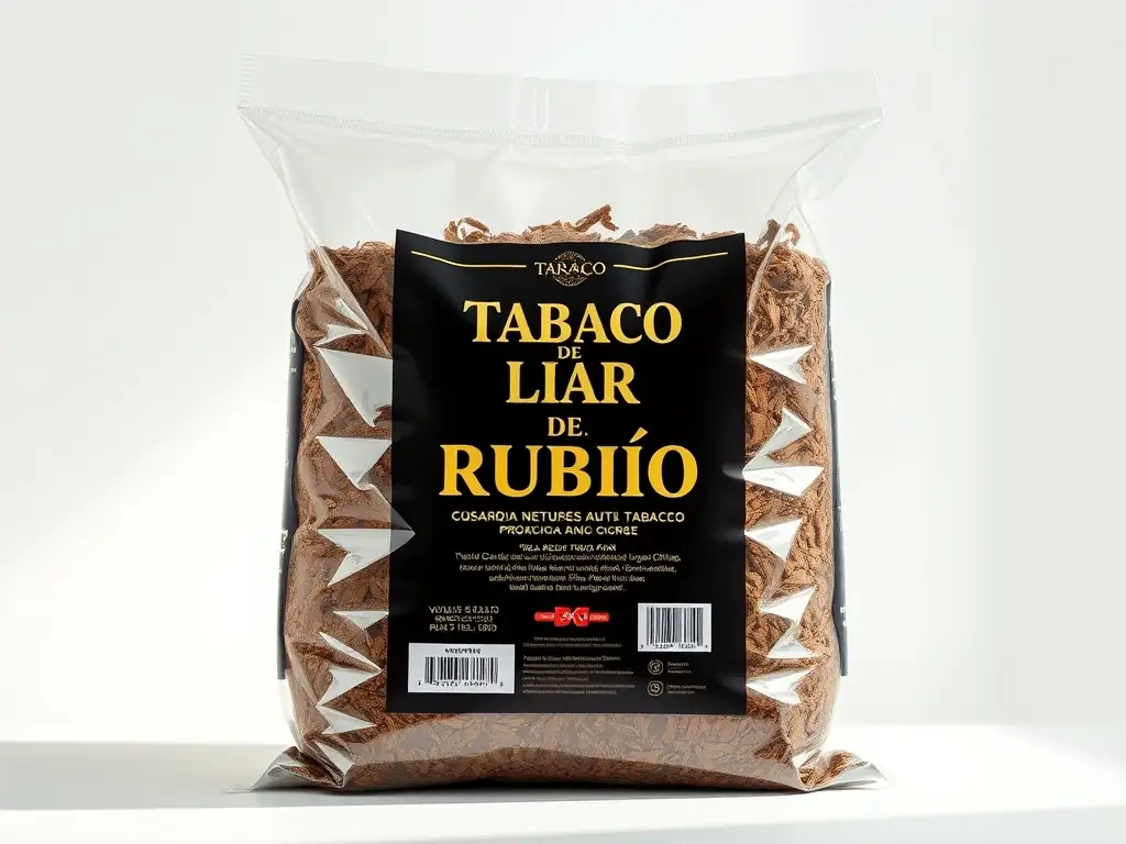 A vacuum-sealed kilo bag of Tabaco de Liar Rubio, clearly displaying the product's packaging and labeling. The image emphasizes the freshness and quality of the tobacco, ready for fast delivery.