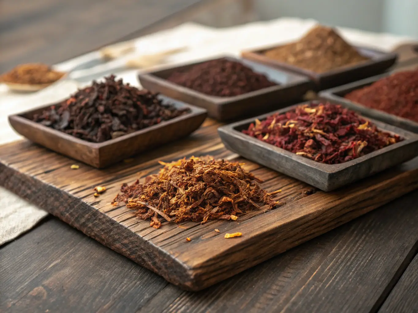 Close-up shot of loose, golden-brown natural tobacco, highlighting its texture and quality. The tobacco is presented in a rustic wooden bowl, emphasizing its natural origin and artisanal preparation.