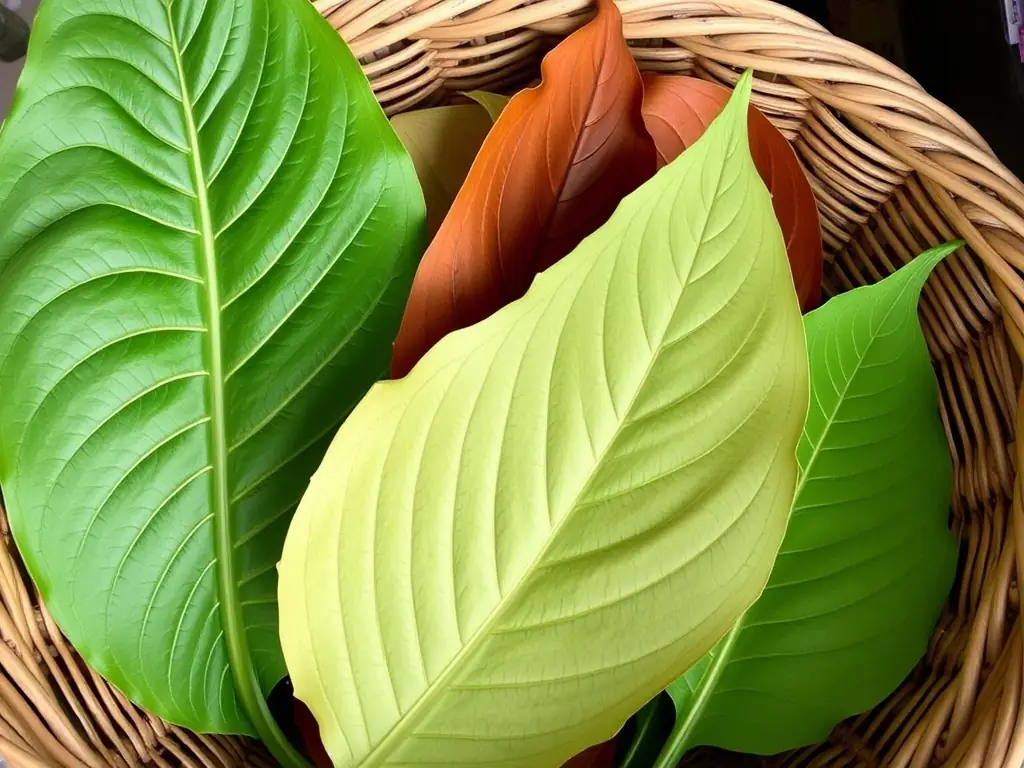 Artistic photograph of aromatic Oriental tobacco leaves, highlighting their unique shape and vibrant colors, with a soft focus on the background to emphasize their exotic origin.