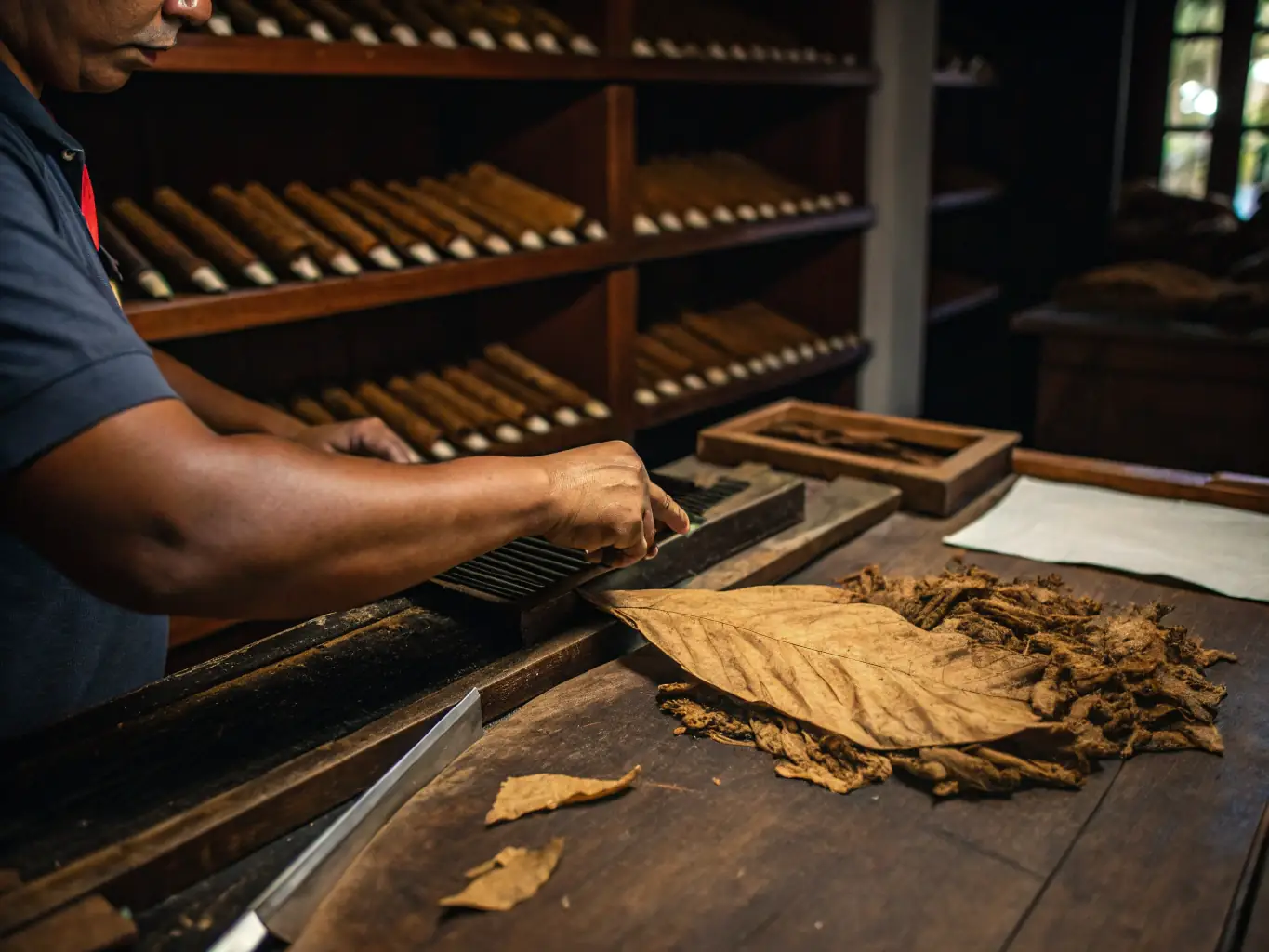 Detailed image of dark, rich Burley tobacco leaves, emphasizing their robust texture and deep brown color, set against a backdrop of a traditional Spanish tobacco farm.